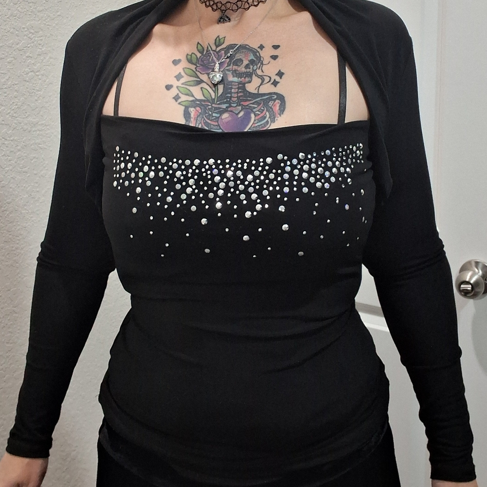 Elegant Black Long Sleeve Top with Rhinestone Accents